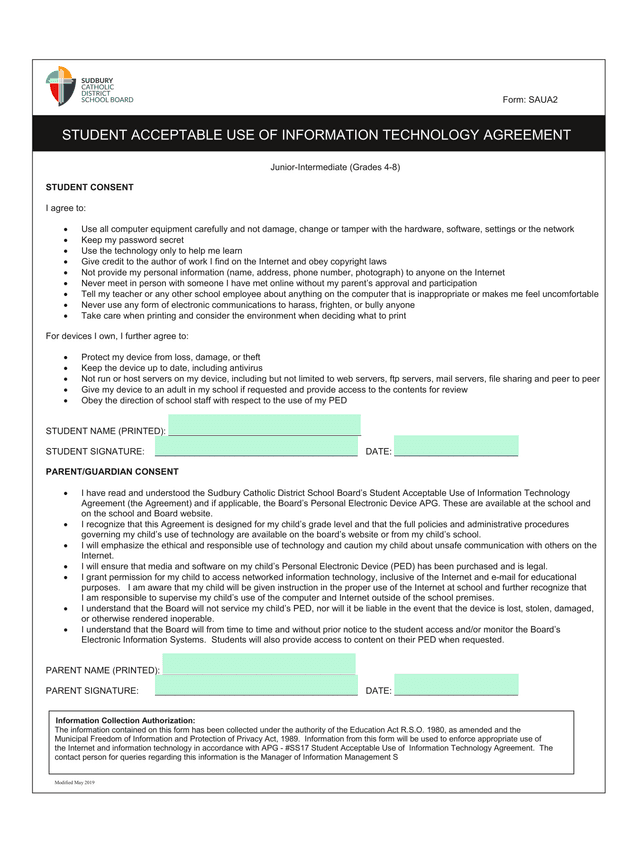 Student Consent For Technology Use screenshot