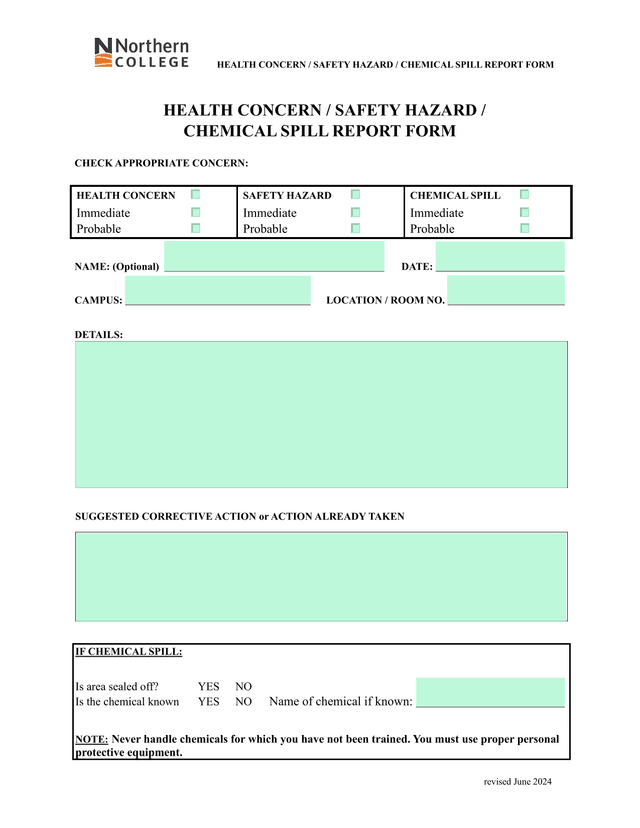 HEALTH CONCERN  SAFETY HAZARD  CHEMICAL SPILL REPORT FORM screenshot