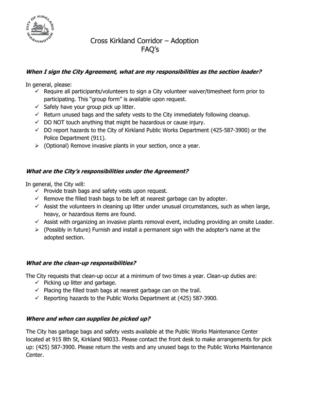 Cross Kirkland Corridor  Adoption FAQS screenshot