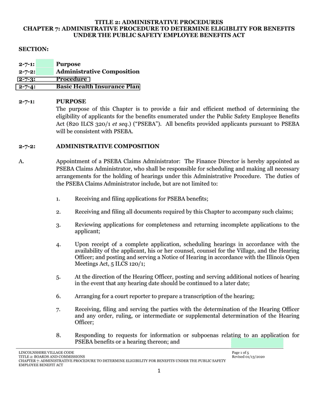 Lincolnshire Village Code   Administrative Procedure For Public Safety Employee Benefits screenshot