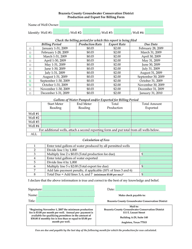 Brazoria County Groundwater Conservation District Production And Export Fee Billing Form screenshot