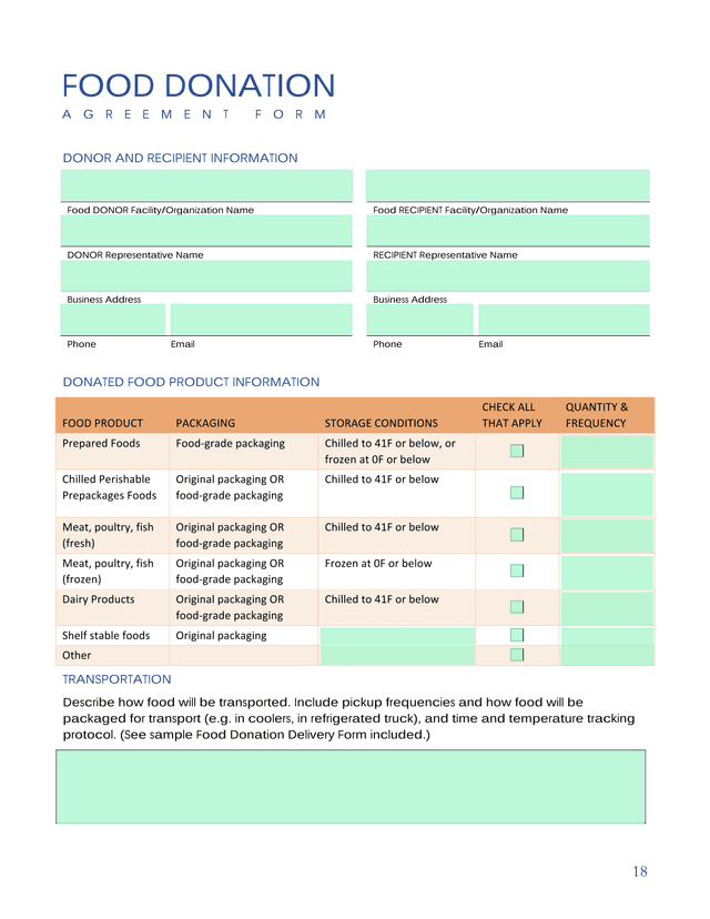 Food Donation Agreement Form screenshot