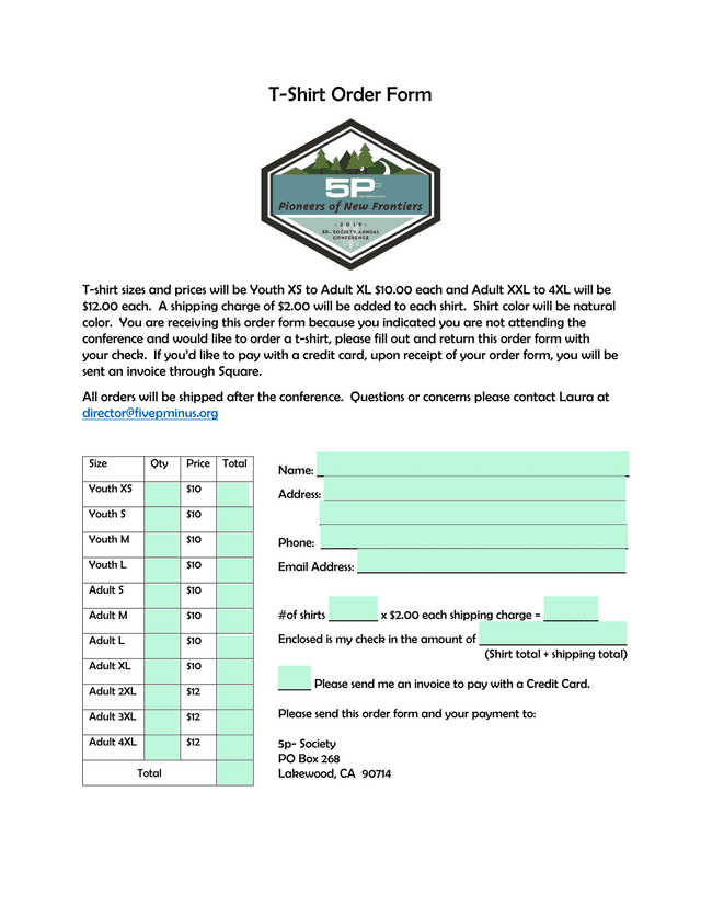 T Shirt Order Form screenshot