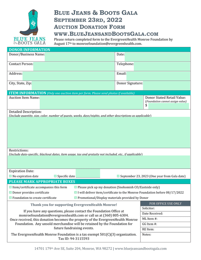 BLUE JEANS  BOOTS GALA AUCTION DONATION FORM screenshot
