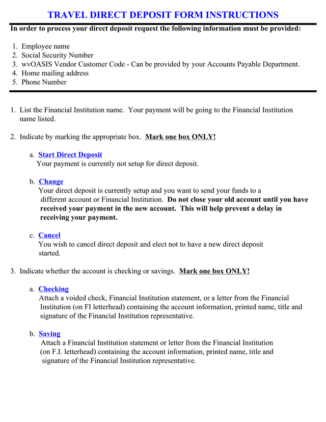 Travel Direct Deposit Form screenshot