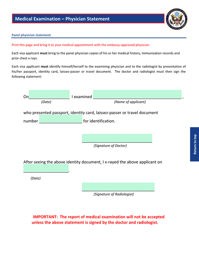 Medical Examination  Physician Statement screenshot