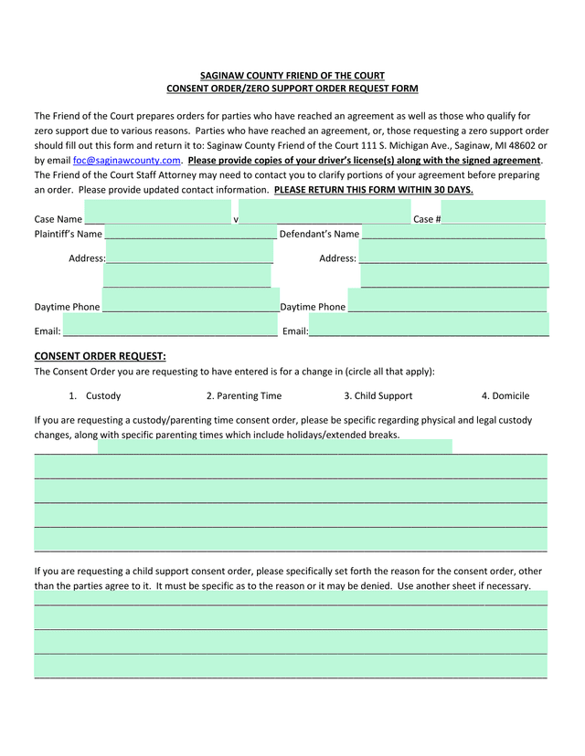 Saginaw County Friend Of The Court Consent OrderZero Support Order Request Form screenshot