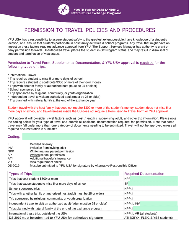 Permission To Travel Policies And Procedures screenshot