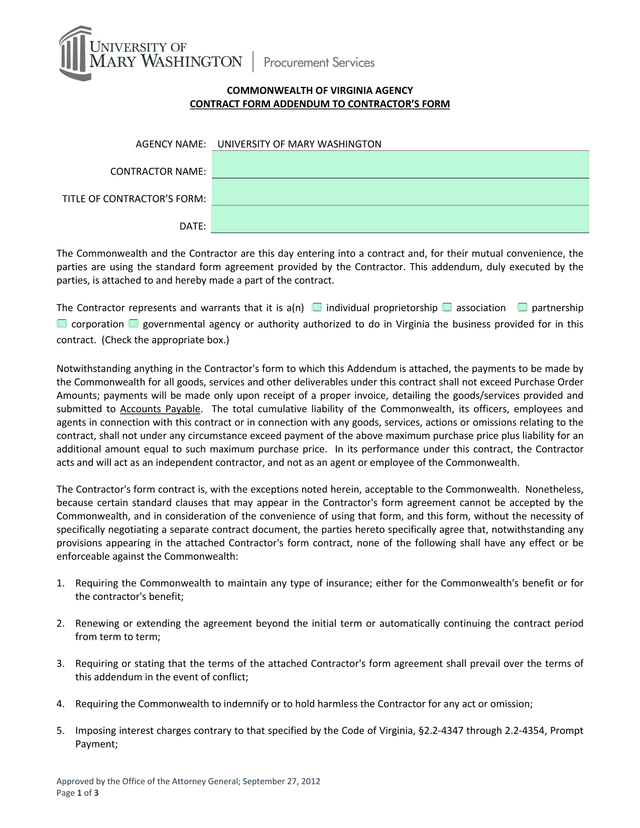 Commonwealth Of Virginia Agency Contract Form Addendum To ContractorS Form screenshot