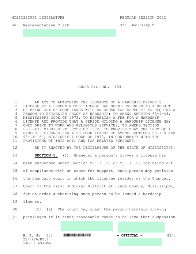 House Bill No. 103 screenshot