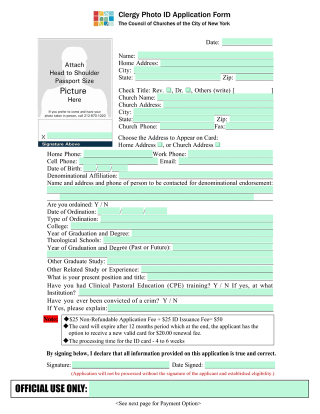 Clergy ID Application Form screenshot