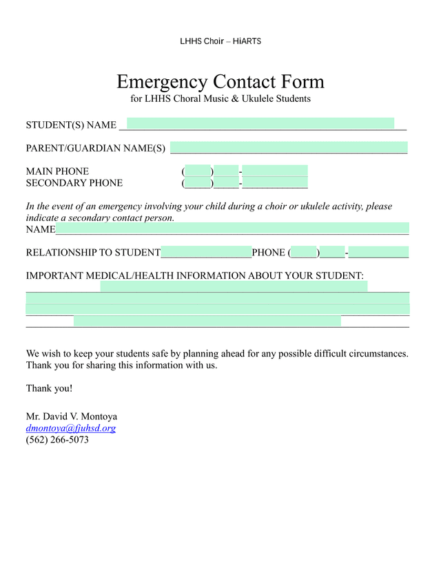 Emergency Contact Form For LHHS Choral Music  Ukulele Students screenshot