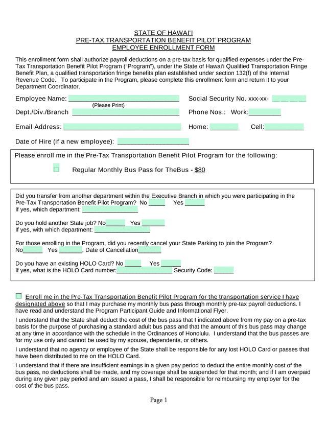 PRE TAX TRANSPORTATION BENEFIT PILOT PROGRAM EMPLOYEE ENROLLMENT FORM screenshot