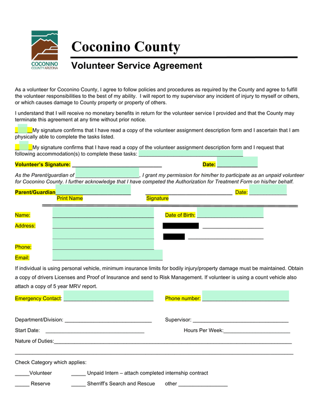 Coconino County Volunteer Service Agreement screenshot