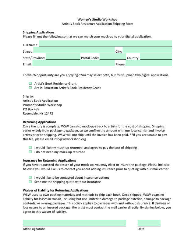 WomenS Studio Workshop ArtistS Book Residency Application Shipping Form screenshot