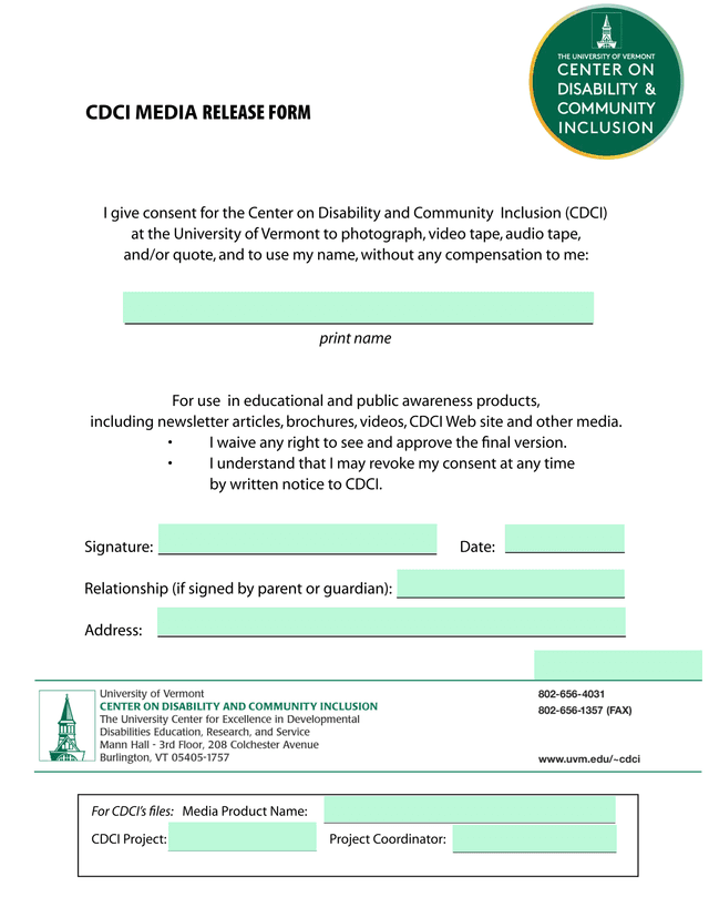 CDCI Media Release Form screenshot