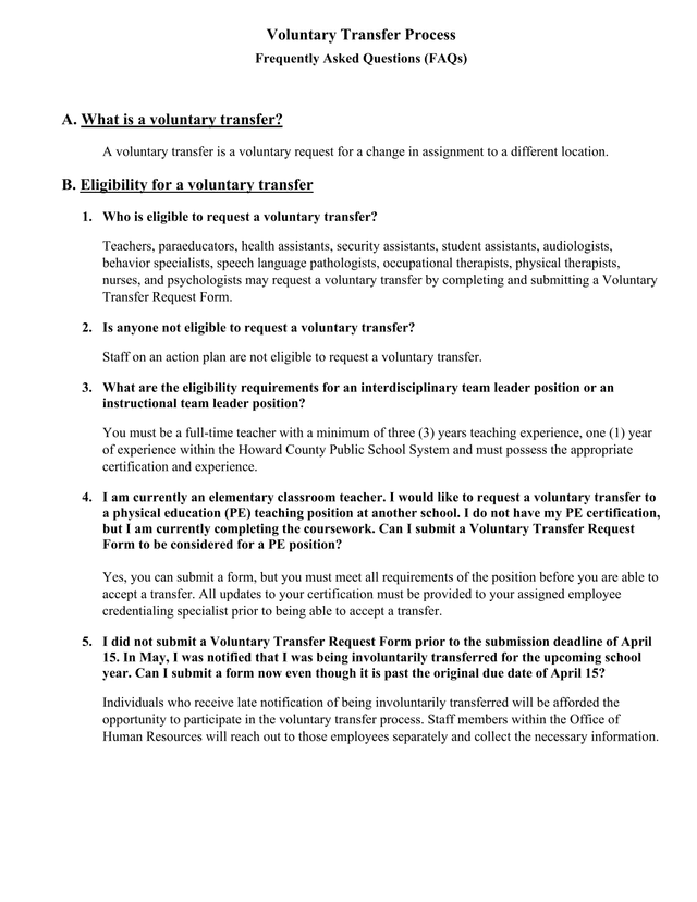 Voluntary Transfer Process Frequently Asked Questions (FAQs) screenshot