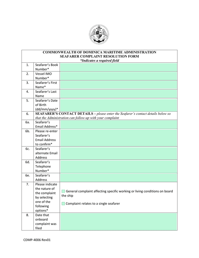 SEAFARER COMPLAINT RESOLUTION FORM screenshot