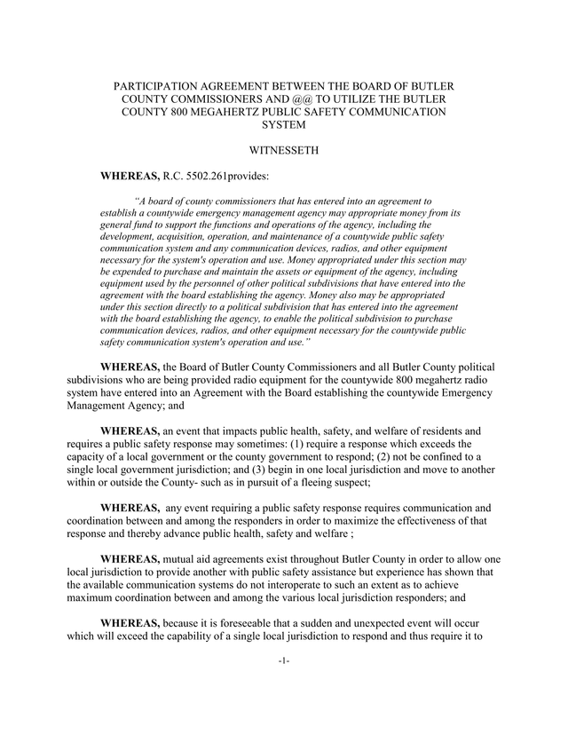 Participation Agreement   Butler County 800 Megahertz Public Safety Communication System screenshot