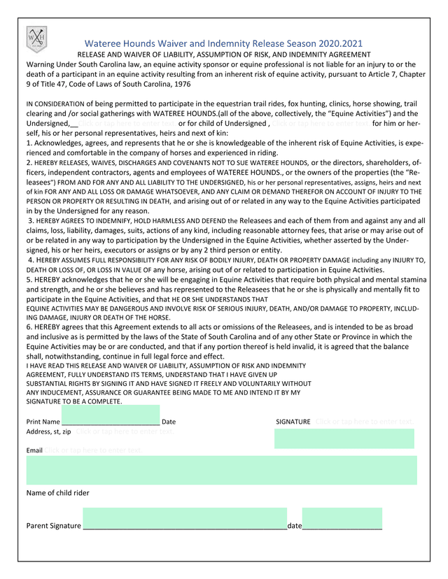 Wateree Hounds Waiver And Indemnity Release Season 2020.2021 screenshot