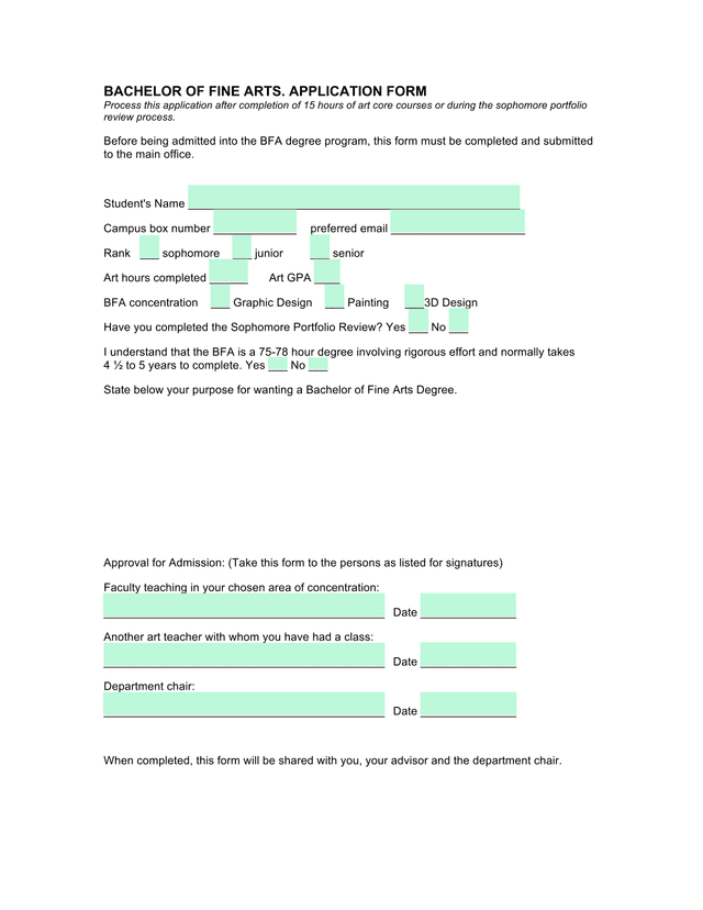 Bachelor Of Fine Arts (BFA) Application Form screenshot