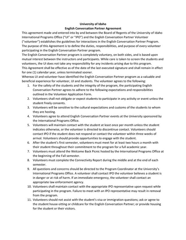 University Of Idaho English Conversation Partner Agreement screenshot