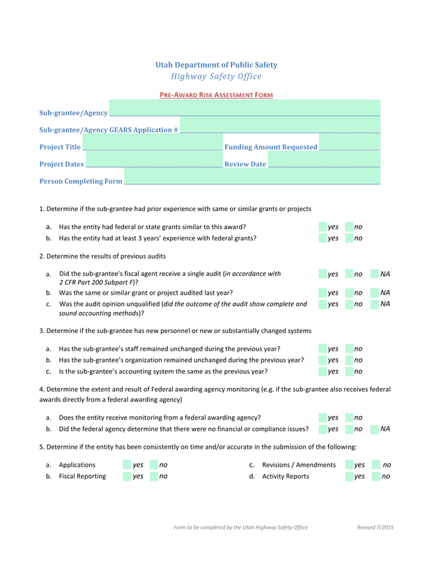 Pre Award Risk Assessment Form screenshot