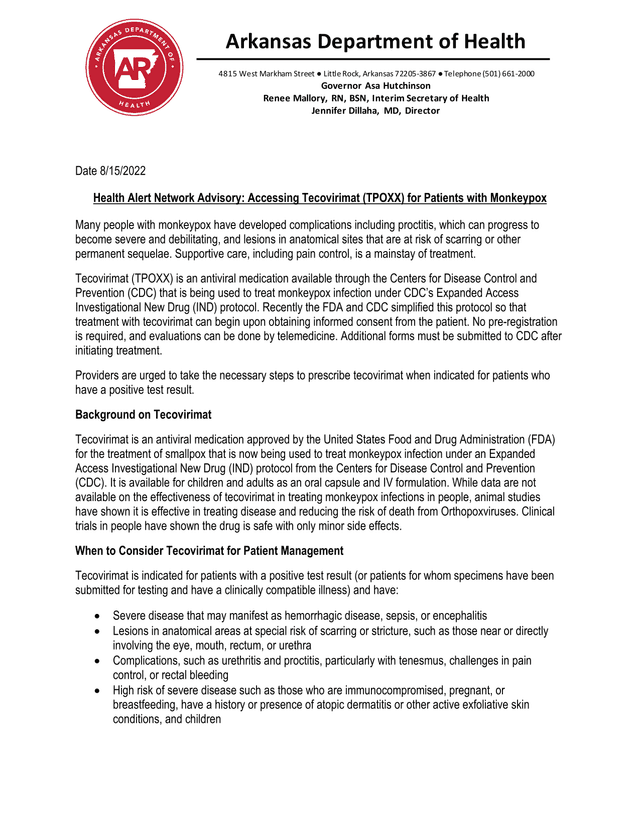 Health Alert Network Advisory Accessing Tecovirimat (TPOXX) For Patients With Monkeypox screenshot