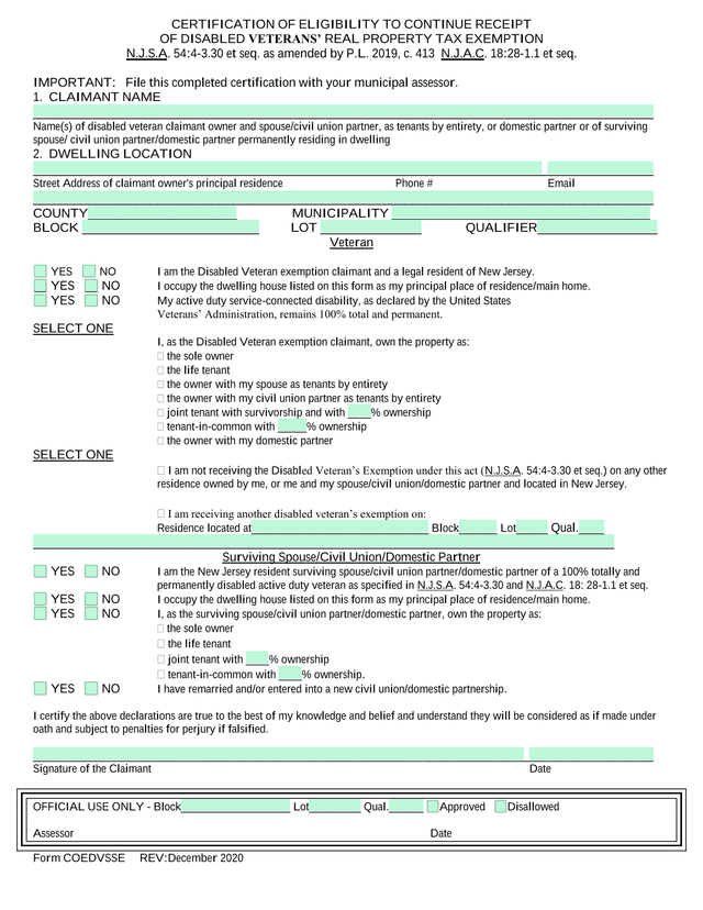 Certification Of Eligibility To Continue Receipt Of Disabled Veterans Real Property Tax Exemption screenshot