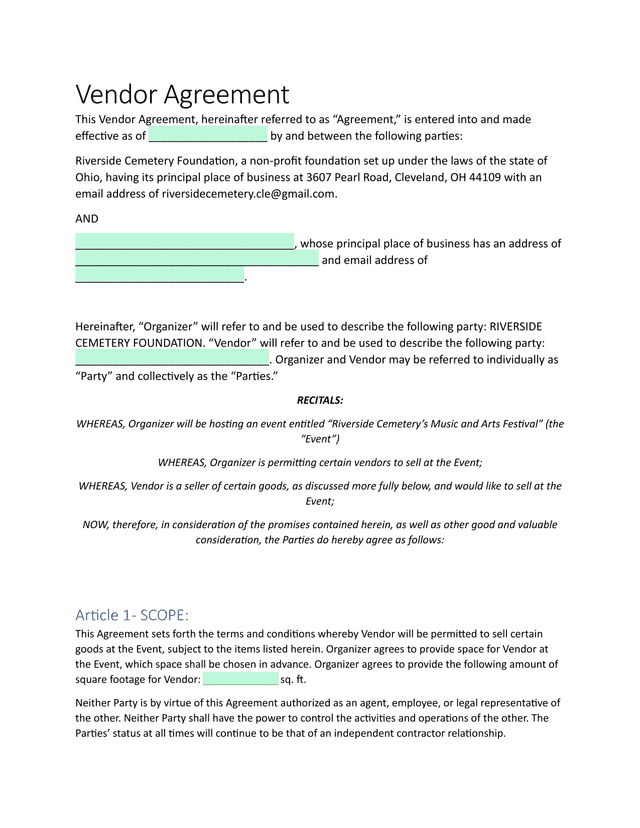 Vendor Agreement screenshot
