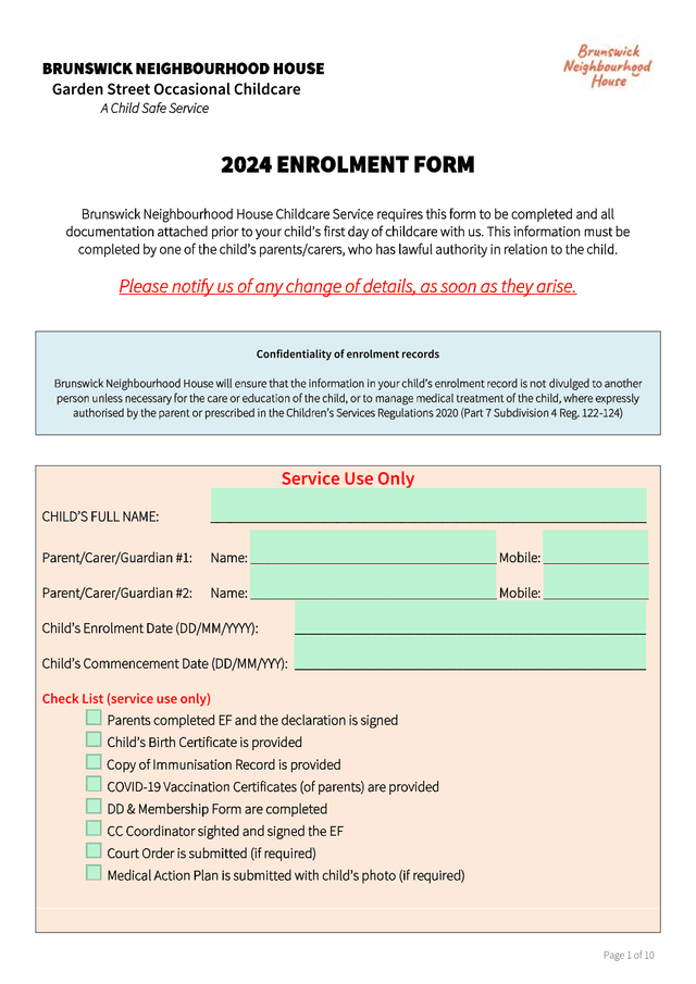 Brunswick Neighbourhood House Garden Street Occasional Childcare Enrolment Form screenshot