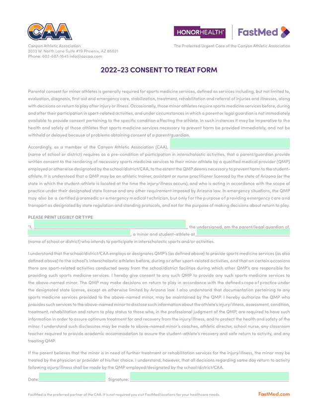 Canyon Athletic Association 2022 23 Consent To Treat Form screenshot