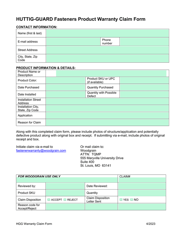 HGG Warranty Claim Form screenshot