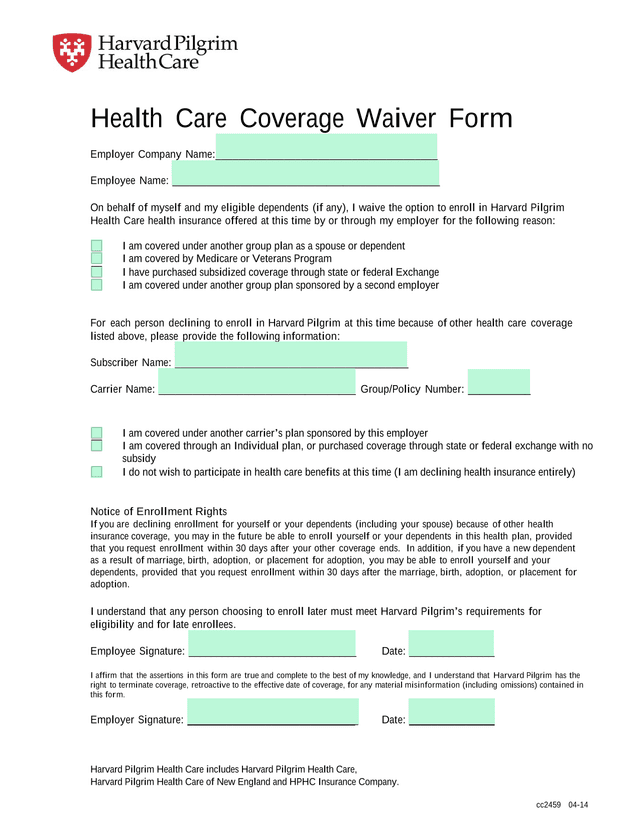 Health Care Coverage Waiver Form screenshot