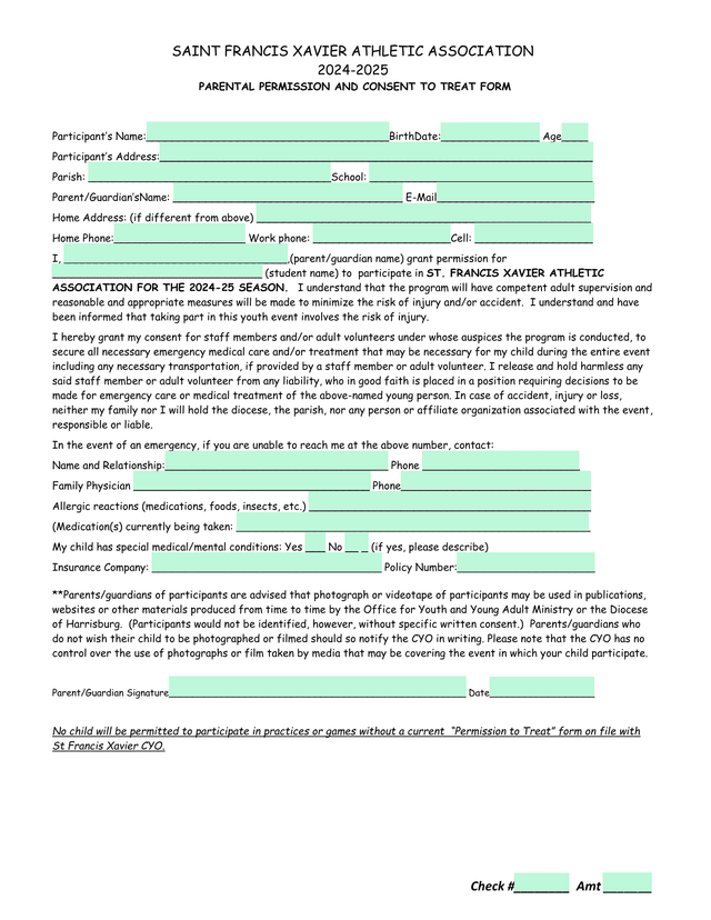 SAINT FRANCIS XAVIER ATHLETIC ASSOCIATION 2024 2025 PARENTAL PERMISSION AND CONSENT TO TREAT FORM screenshot