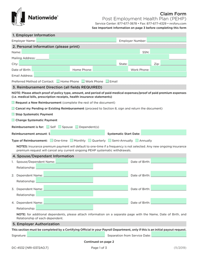 Post Employment Health Plan (PEHP) Claim Form screenshot