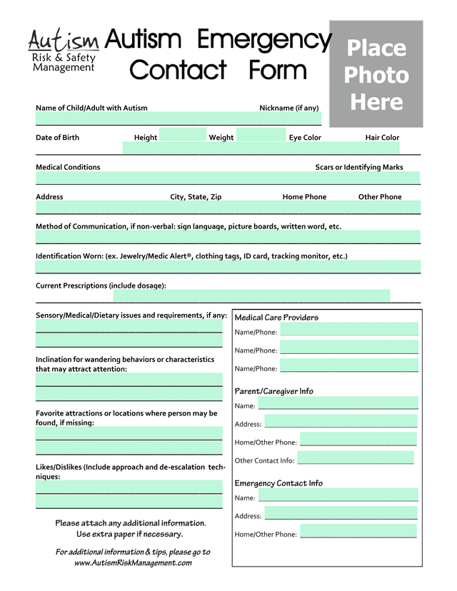 Autism Emergency Contact Form screenshot