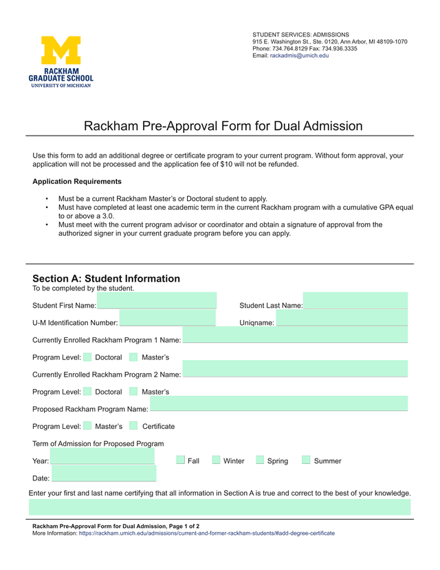 Rackham Pre Approval Form For Dual Admission screenshot