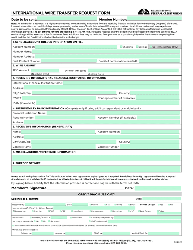 INTERNATIONAL WIRE TRANSFER REQUEST FORM screenshot
