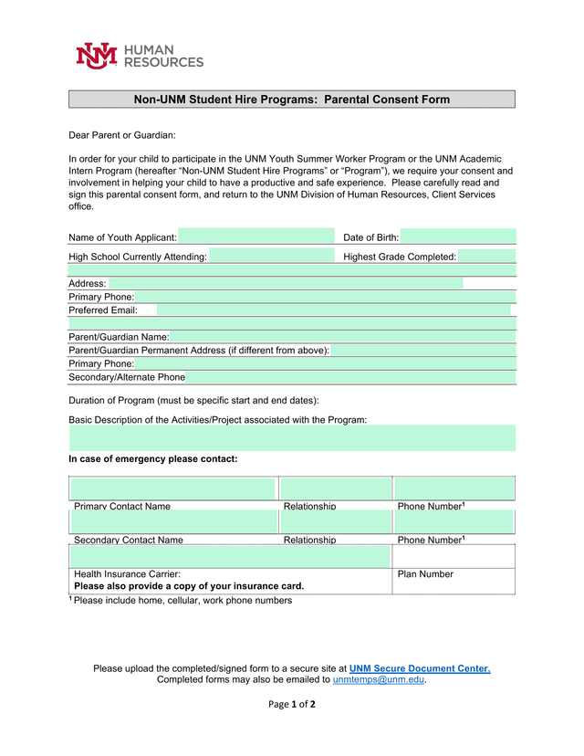 Non UNM Student Hire Programs Parental Consent Form screenshot