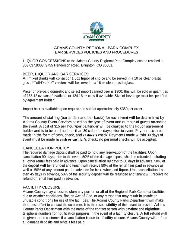 ADAMS COUNTY REGIONAL PARK COMPLEX BAR SERVICES POLICIES AND PROCEDURES screenshot