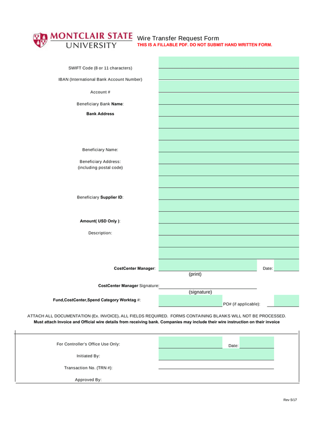 Wire Transfer Request Form screenshot