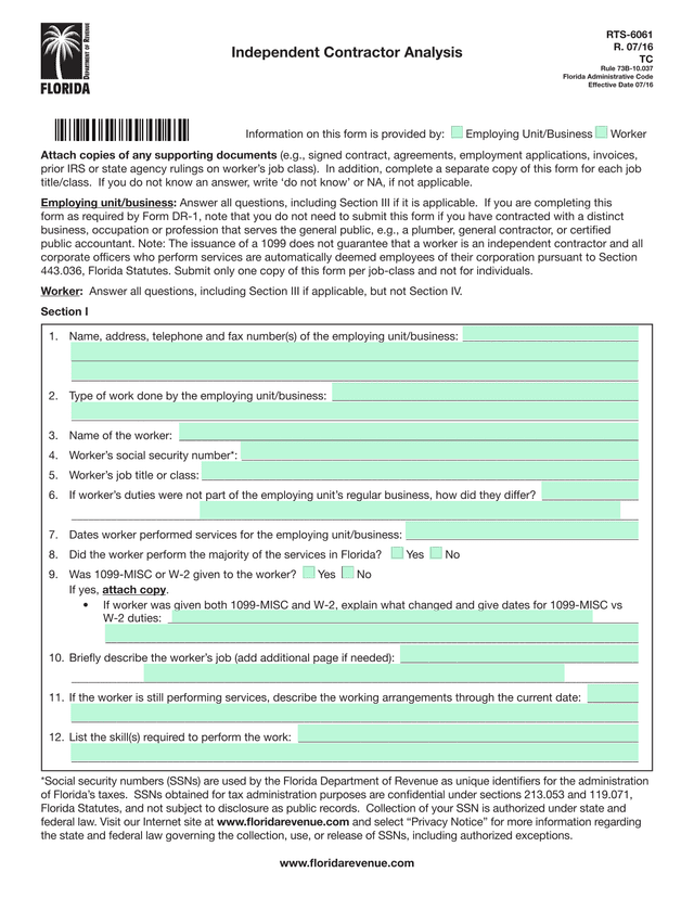 Worker Classification Determination Form screenshot
