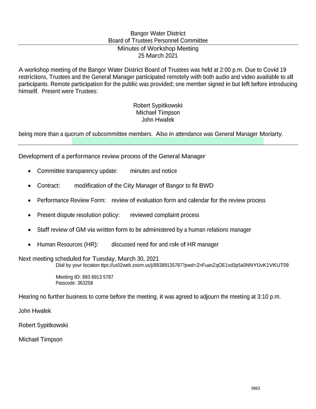 Bangor Water District Board Of Trustees Personnel Committee Meeting Minutes screenshot