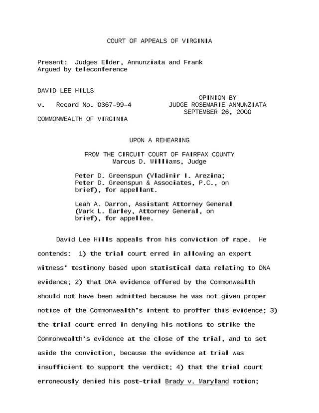 Court Of Appeals Of Virginia Opinion   Hills V. Commonwealth screenshot