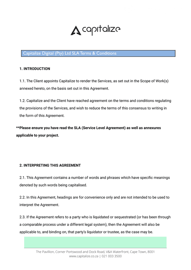 Capitalize Digital (Pty) Ltd SLA Terms  Conditions screenshot