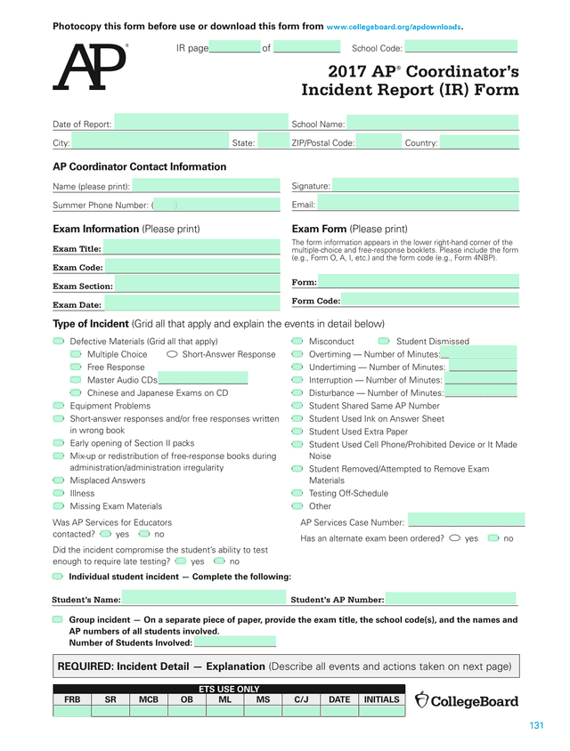 2017 AP CoordinatorS Incident Report (IR) Form screenshot