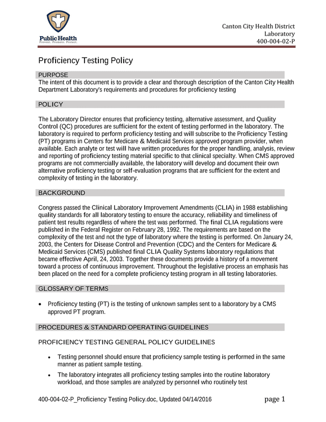 Proficiency Testing Policy screenshot