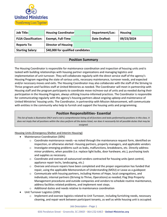 Job Description   Housing Coordinator screenshot