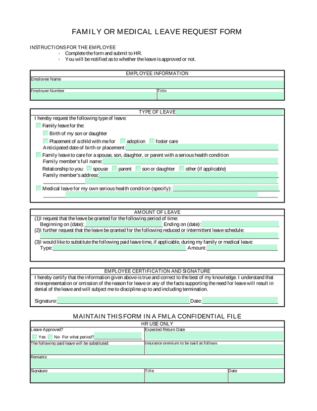 FAMILY OR MEDICAL LEAVE REQUEST FORM screenshot